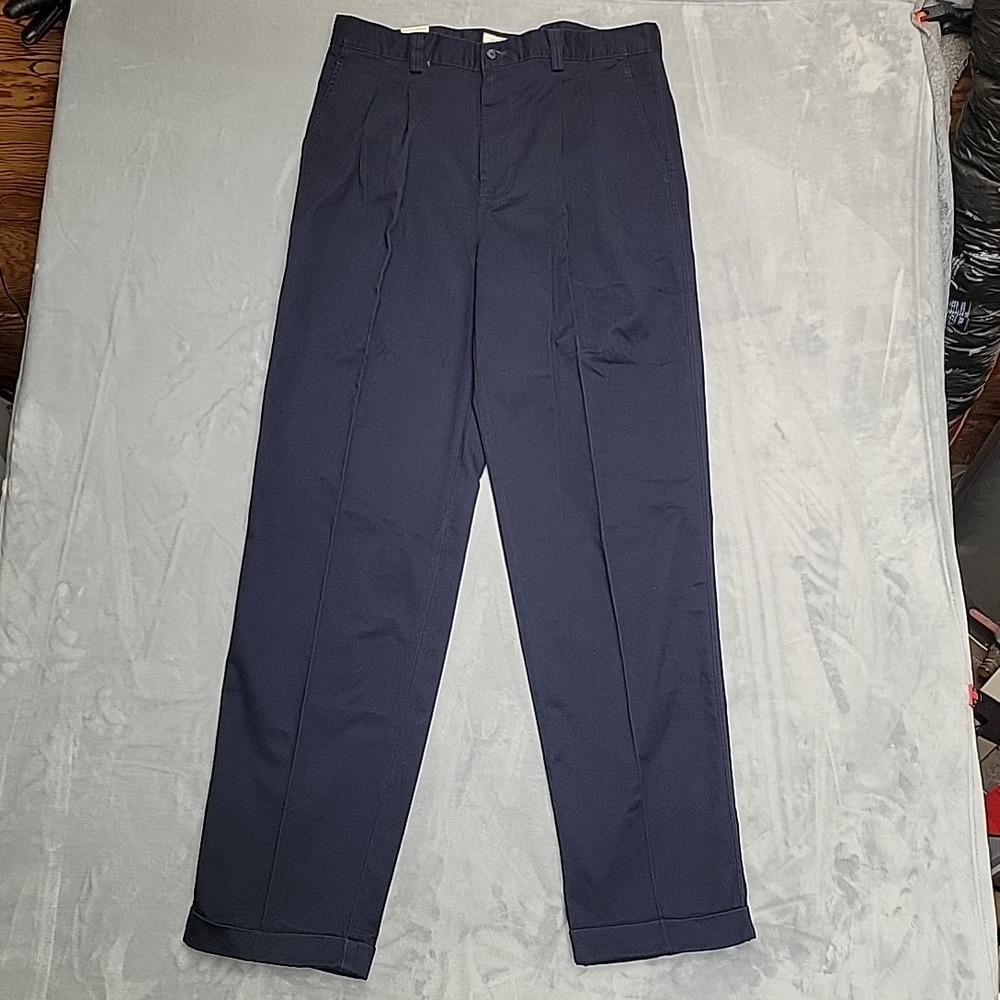 Gap Easy Fit Pant Mens 38x36 Navy Blue Pleated Wrinkle Resistant Tapered Cuffs
